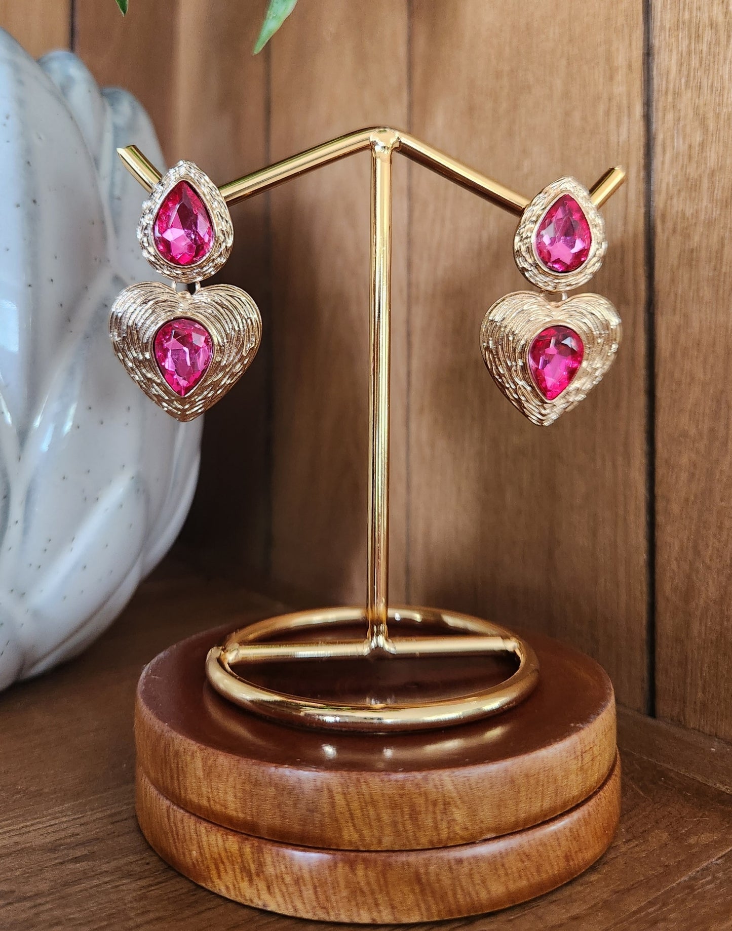 Pink and gold heart earrings